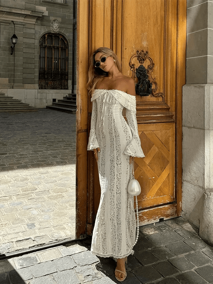 Off-shoulder lace maxi dress in a floor-length cut