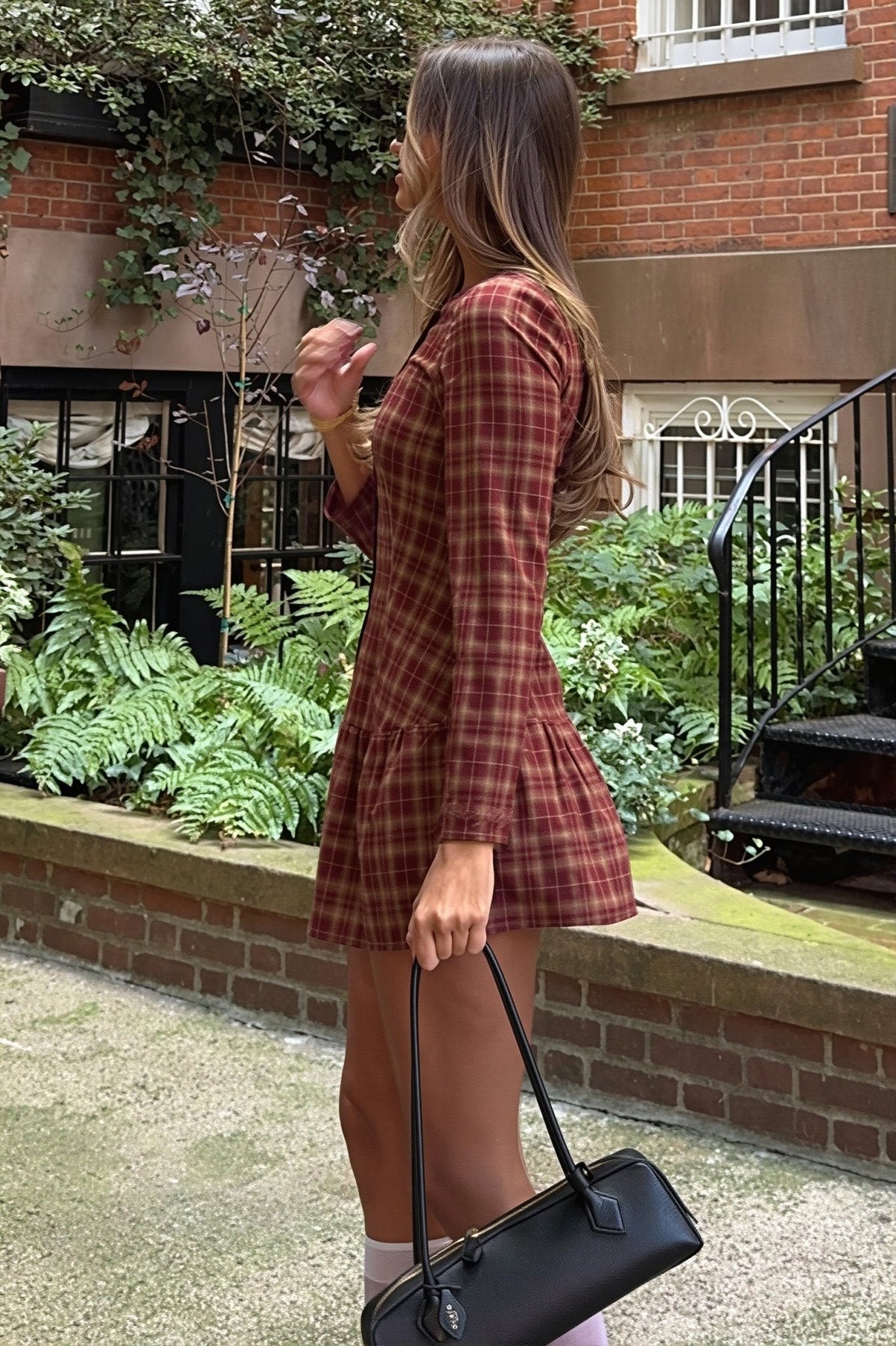 Hedda Plaid Long Sleeve Mini Dress in burgundy plaid – styled look