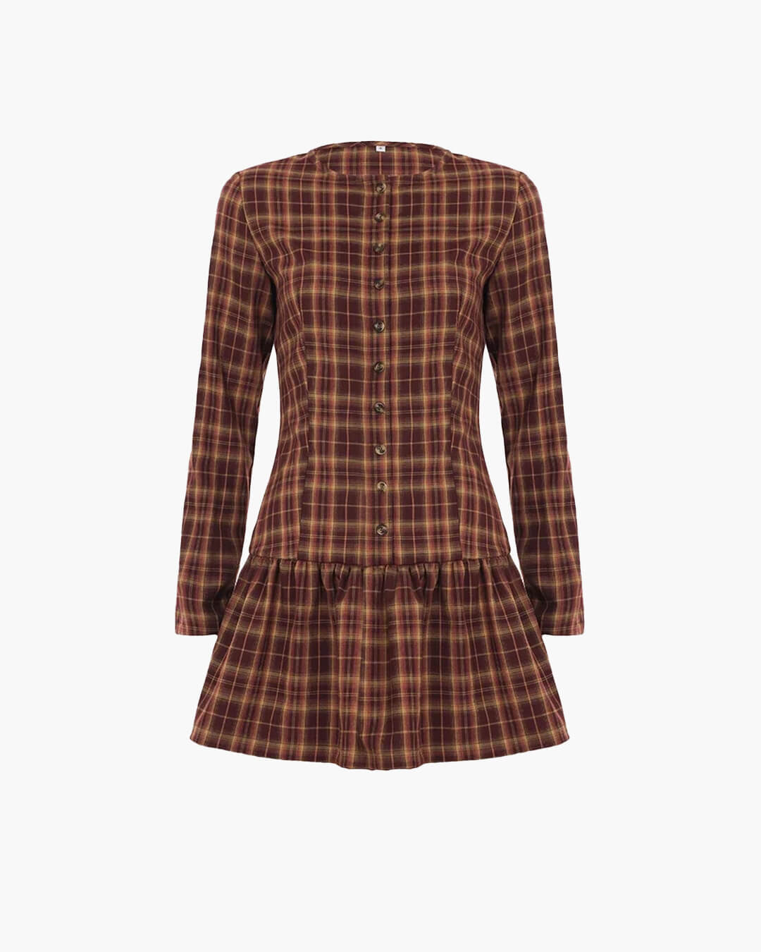 Hedda Plaid Long Sleeve Mini Dress in burgundy plaid – product shot
