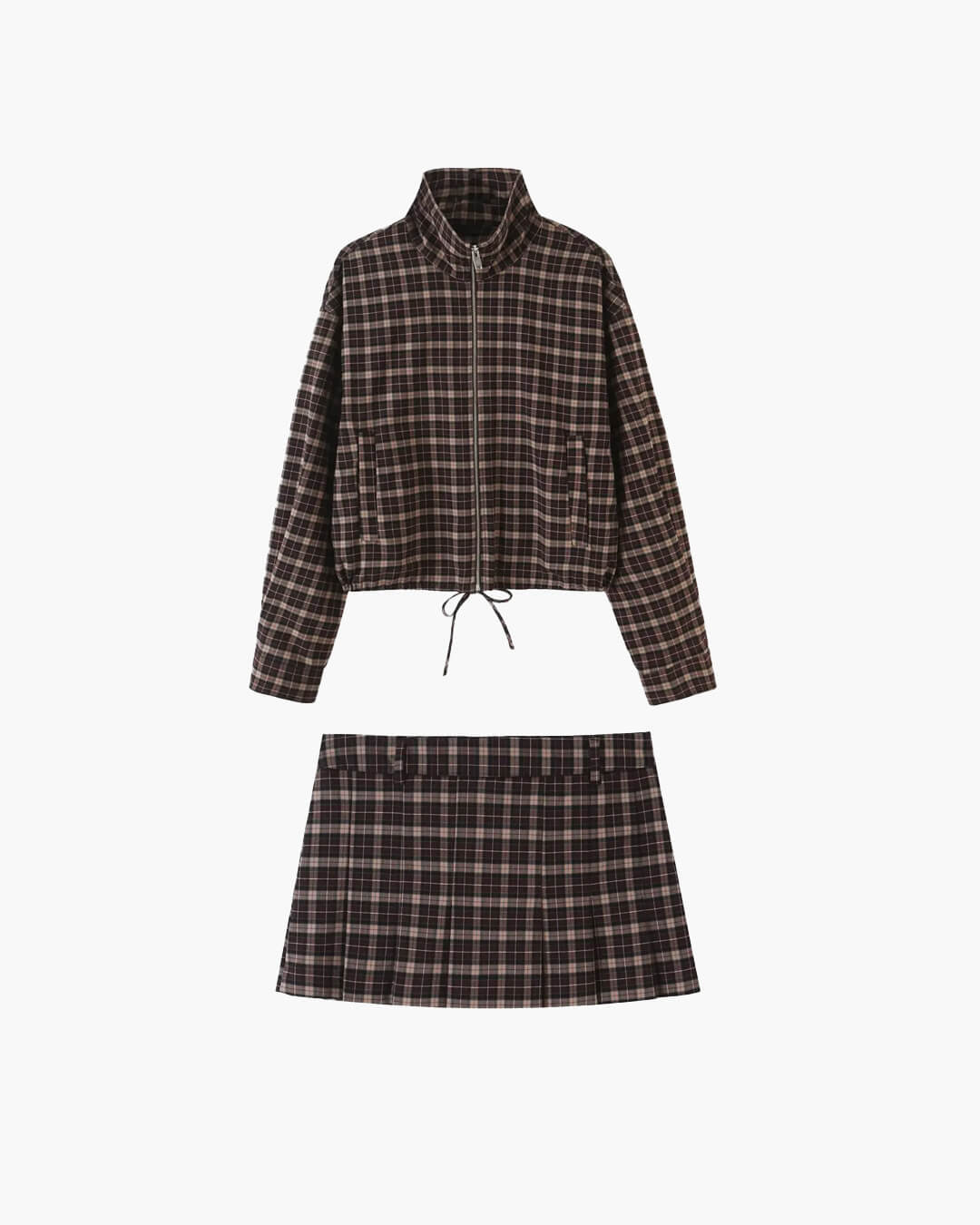 Iris Check Jacket & Mini Skirt Co-ord in brown check – product shot