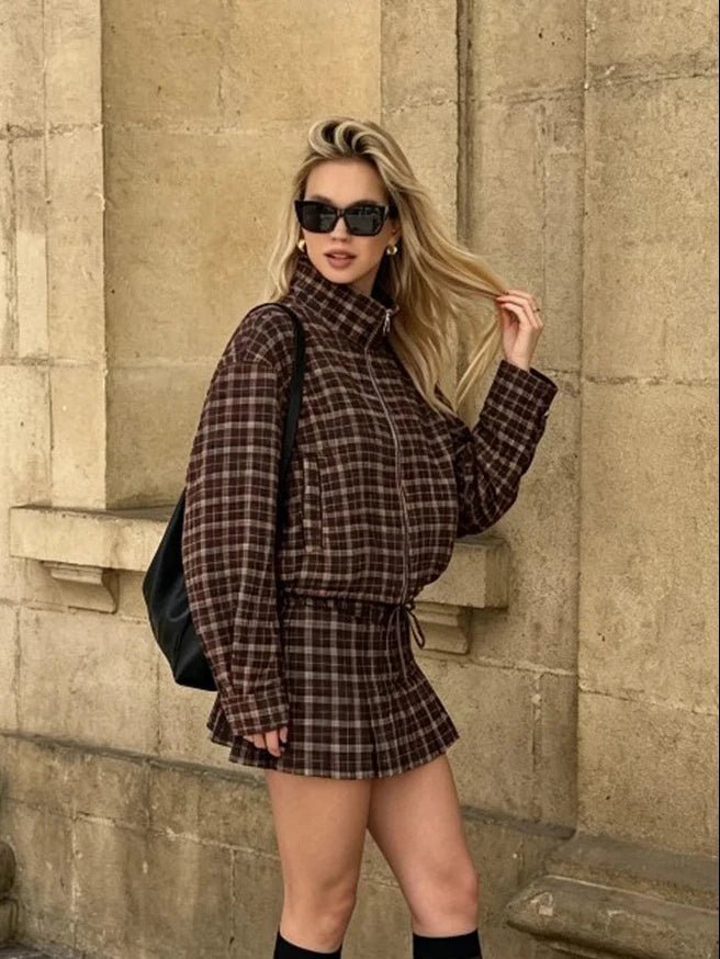 Iris Check Jacket & Mini Skirt Co-ord in brown check – styled look