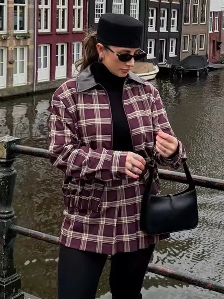 Josefine Check Bomber & Skort Co-ord in burgundy check – styled look