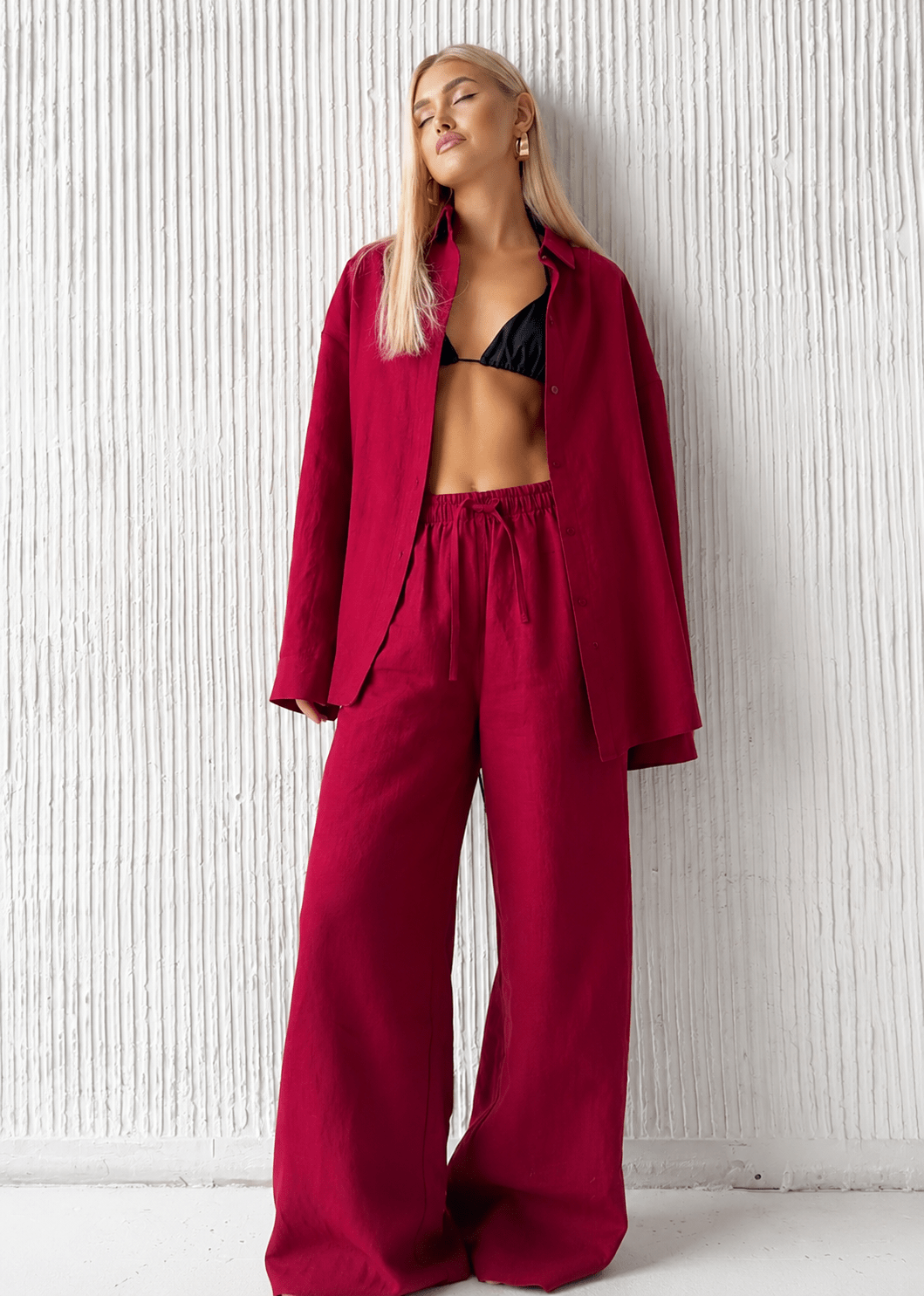 Adero Lässiges Set aus Baumwollhemd und Hose mit weitem Bein