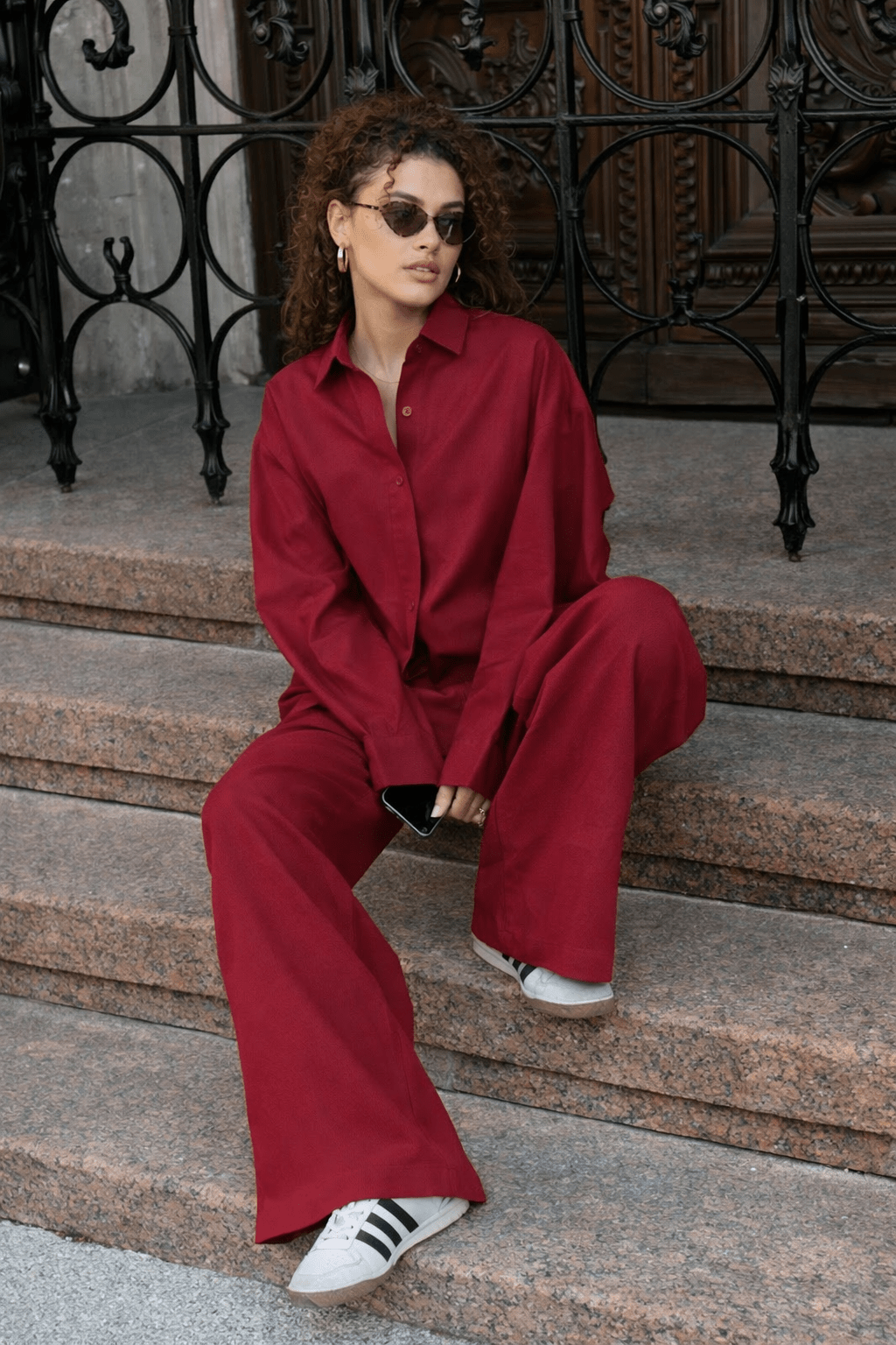 Adero Lässiges Set aus Baumwollhemd und Hose mit weitem Bein