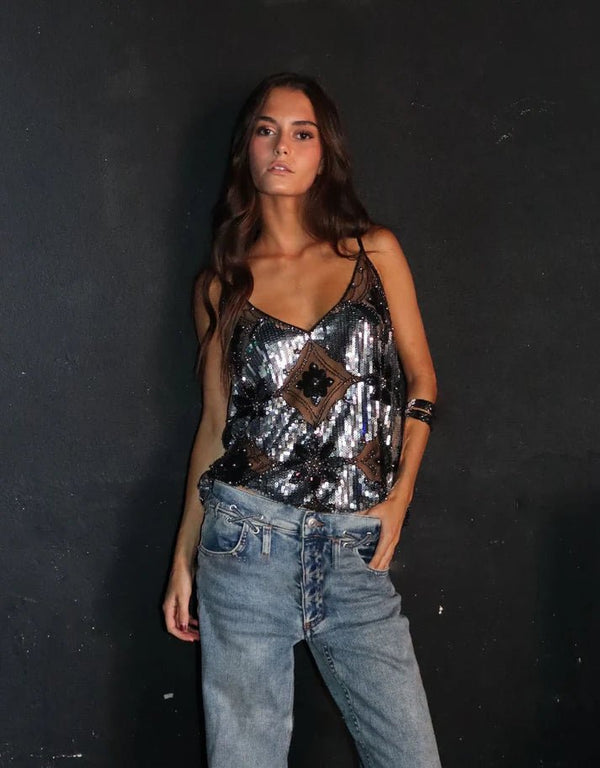 Agrippina Embellished Sequin Sheer Top