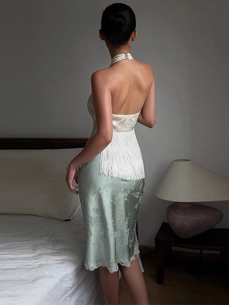 Amelie Satin-Haltertop mit Fransen
