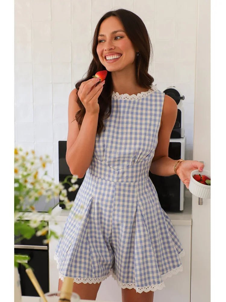 Angelina Ärmelloser karierter Jumpsuit mit weitem Bein