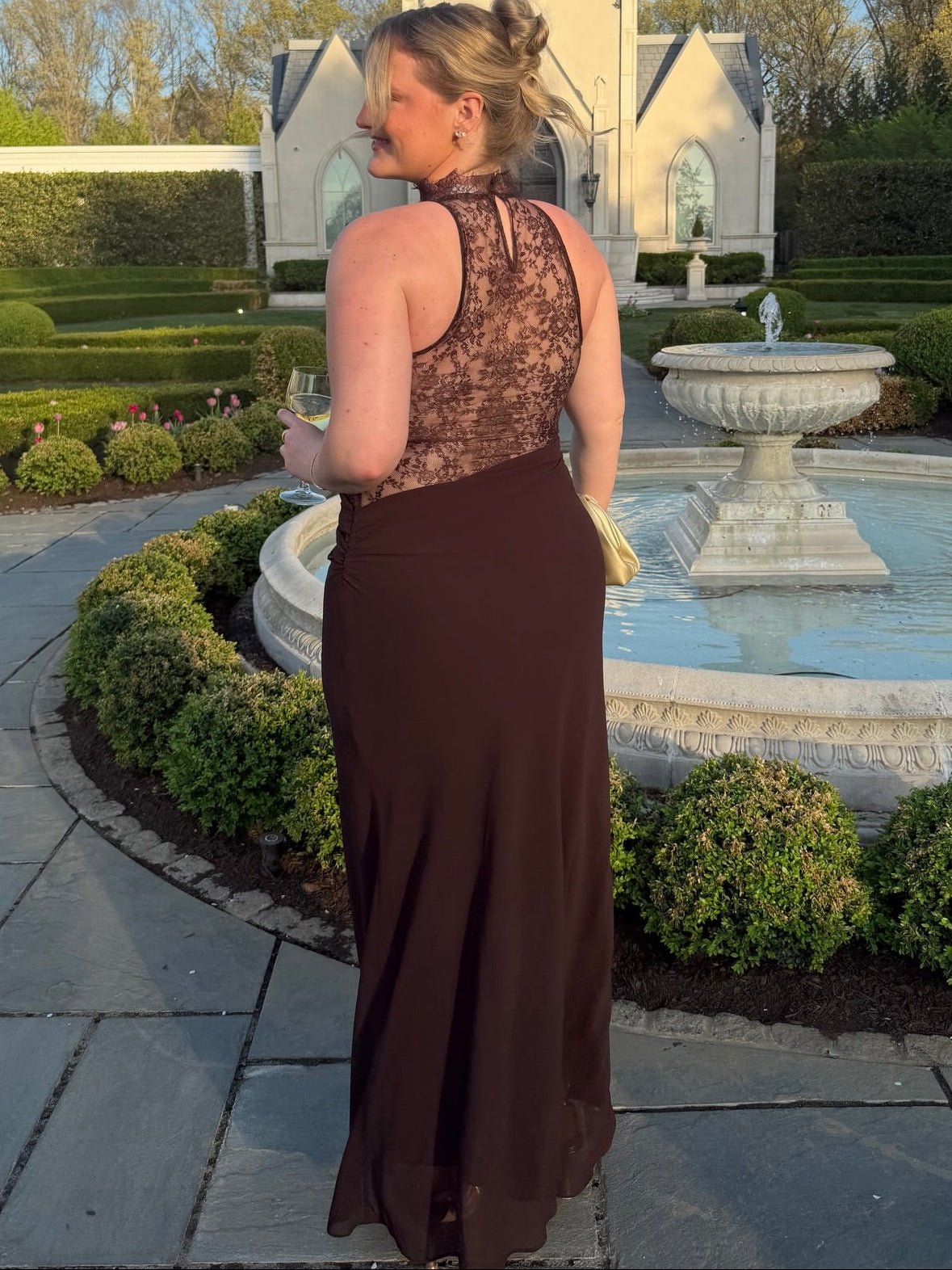 Ariadne Maxikleid mit Neckholder, Spitze und Patchwork-Design