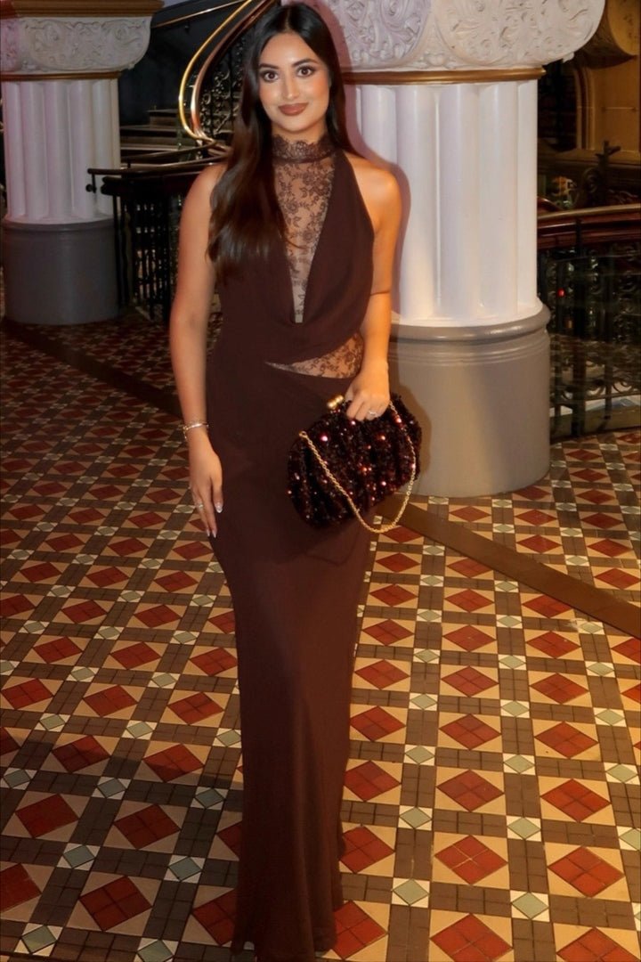 Ariadne Maxikleid mit Neckholder, Spitze und Patchwork-Design