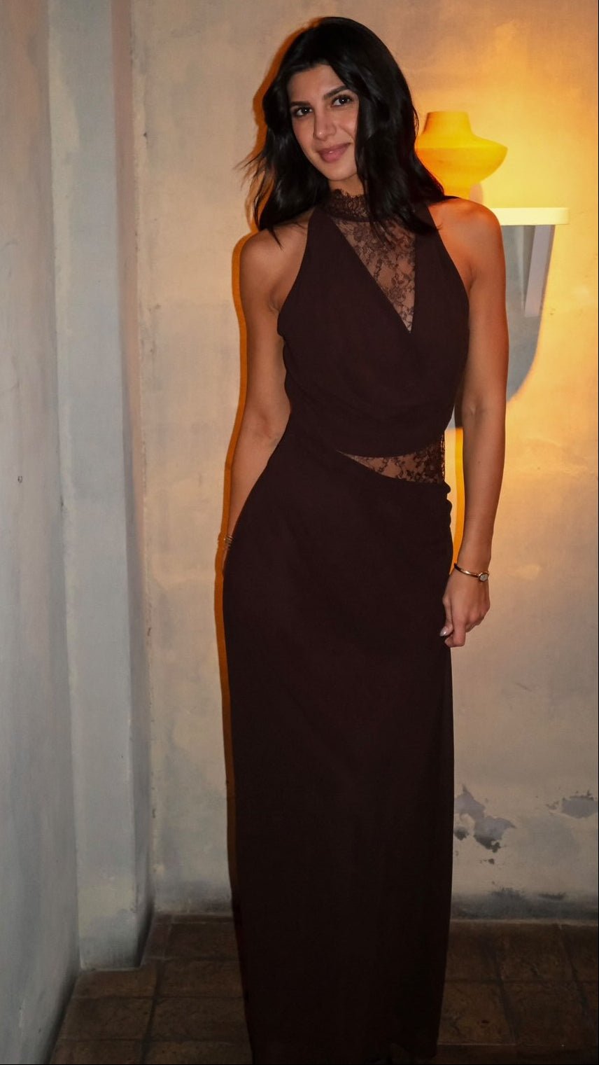 Ariadne Maxikleid mit Neckholder, Spitze und Patchwork-Design