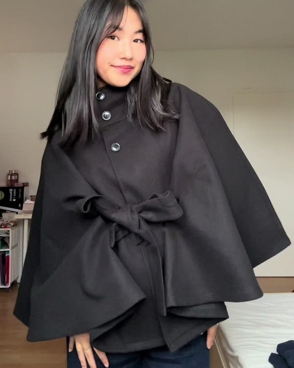 Arianne Elegant High-Neck Belted Cape Jacket