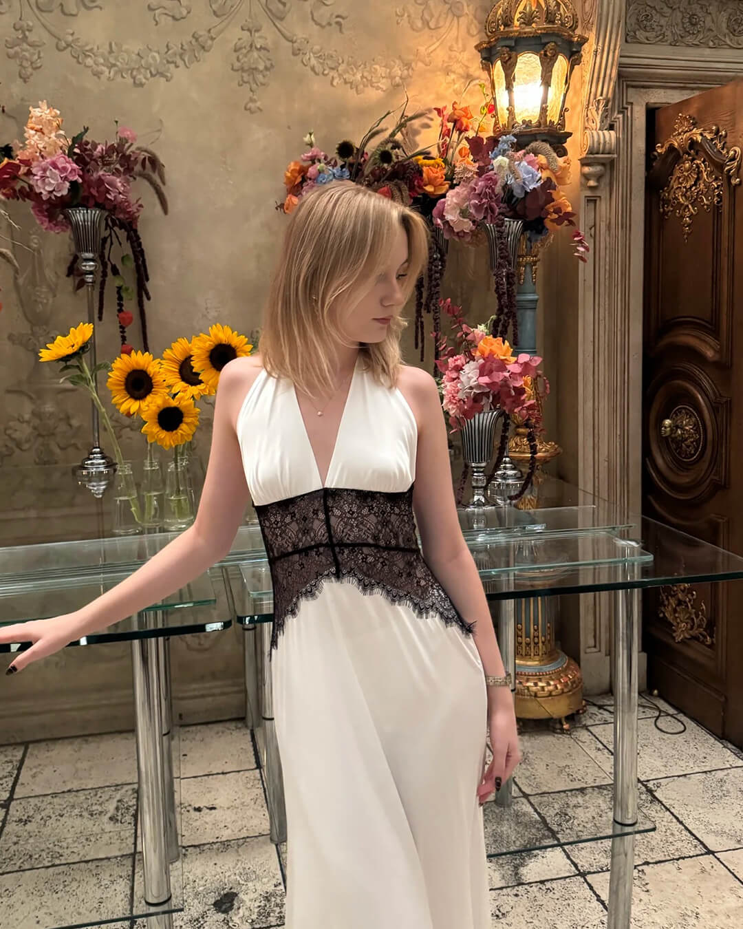 Astrid Satin Lace Waist Backless Dress