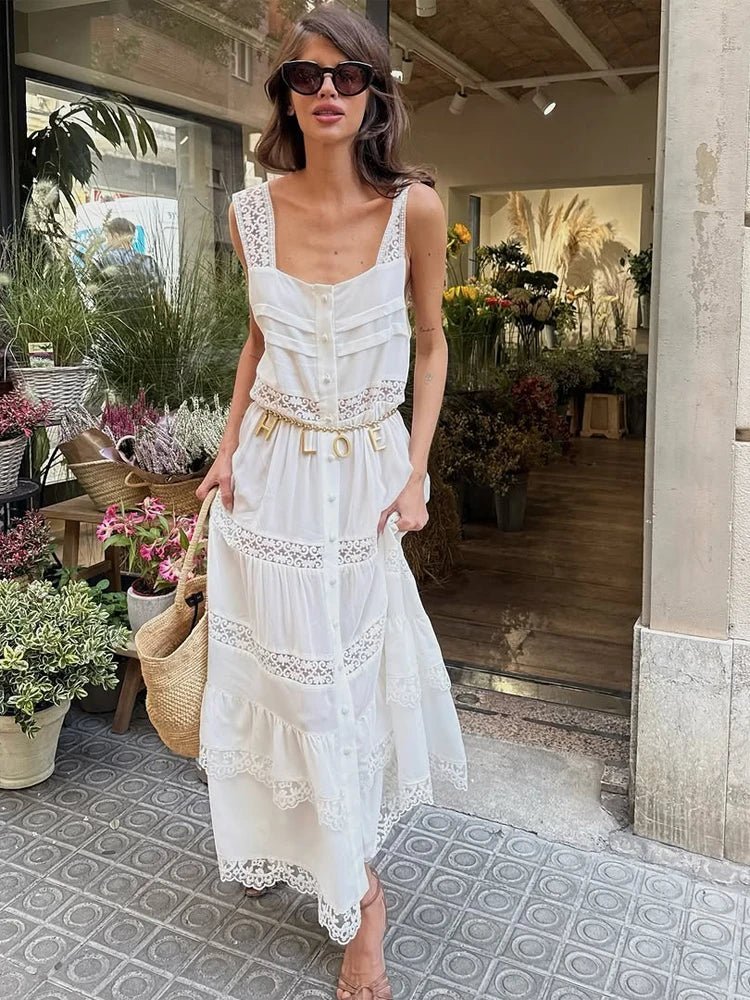 Bianca Gestuftes Patchwork-Maxikleid aus Spitze