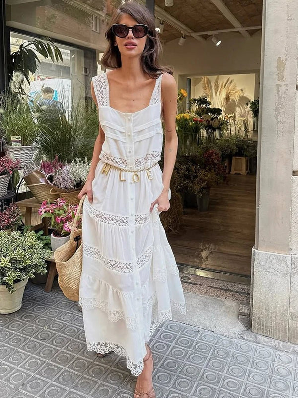 Bianca Gestuftes Patchwork-Maxikleid aus Spitze
