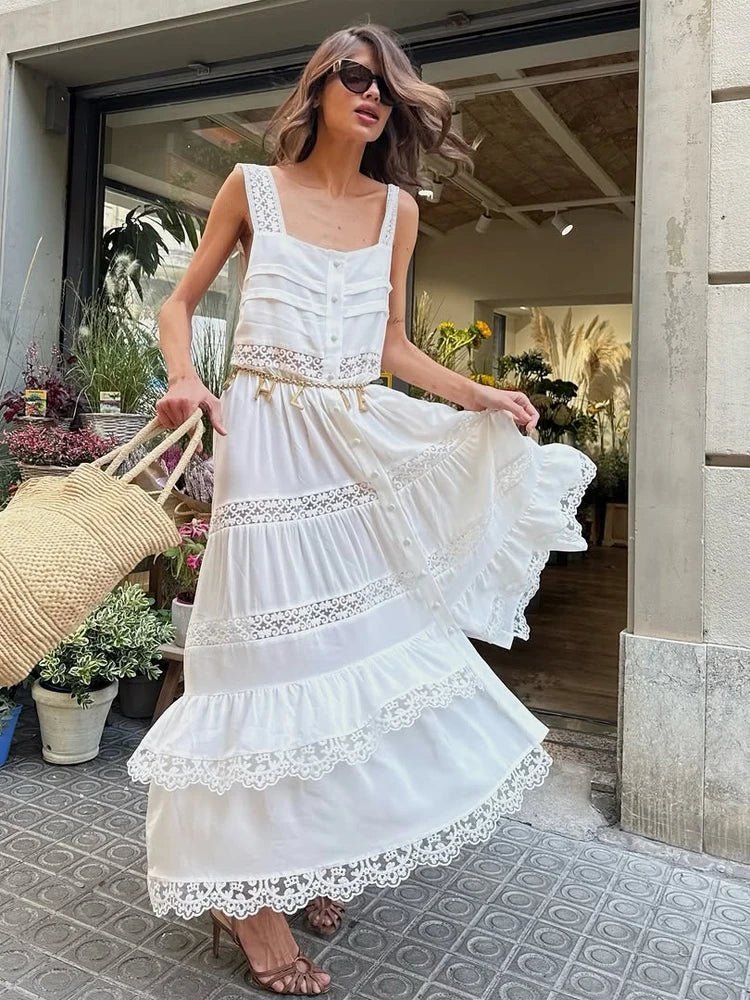 Bianca Gestuftes Patchwork-Maxikleid aus Spitze