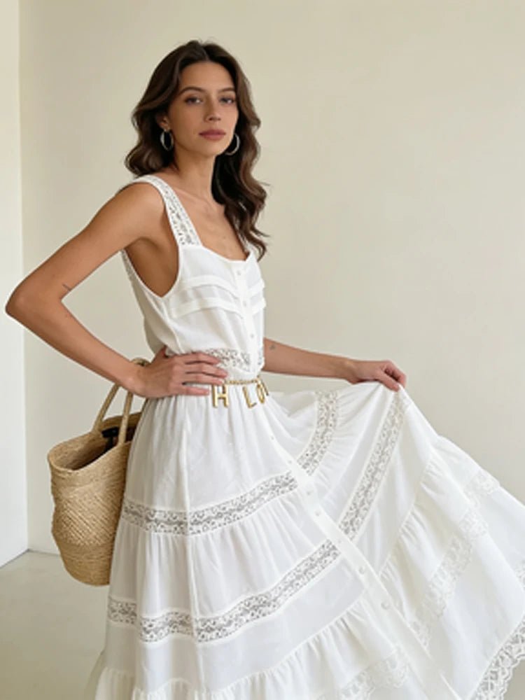 Bianca Gestuftes Patchwork-Maxikleid aus Spitze