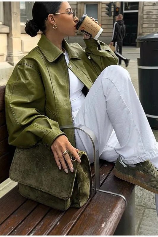 Bilge Vintage-Jacke aus grünem Kunstleder