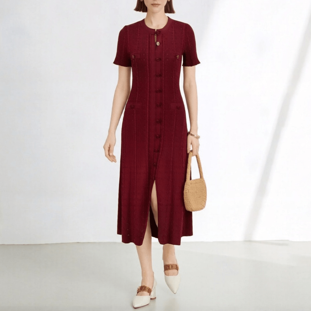 Brigette Französisches Strick-Schlitzkleid mit V-Ausschnitt
