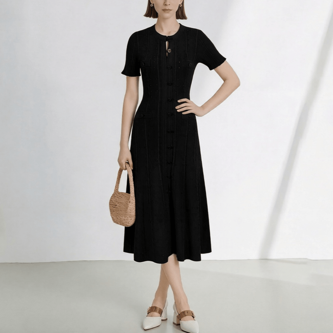Brigette Französisches Strick-Schlitzkleid mit V-Ausschnitt