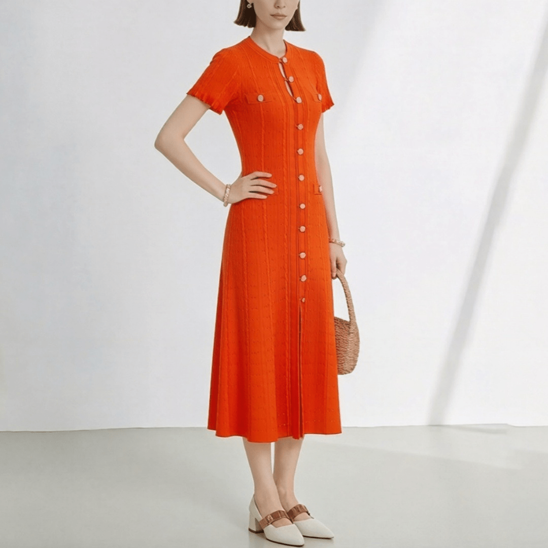 Brigette Französisches Strick-Schlitzkleid mit V-Ausschnitt