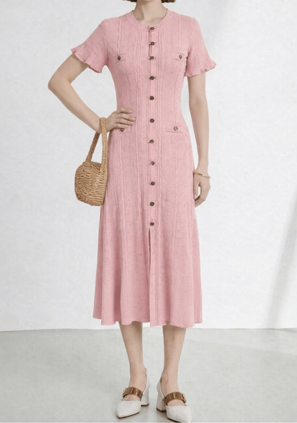 Brigette Französisches Strick-Schlitzkleid mit V-Ausschnitt