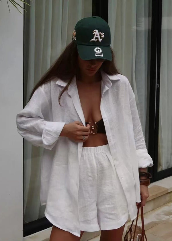Camille Weißes Baumwollhemd- und Shorts-Set