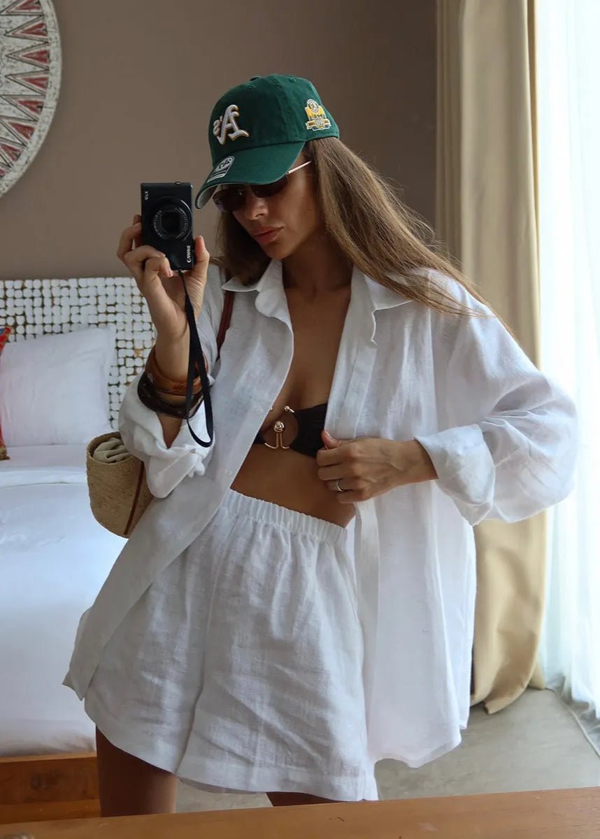 Camille Weißes Baumwollhemd- und Shorts-Set