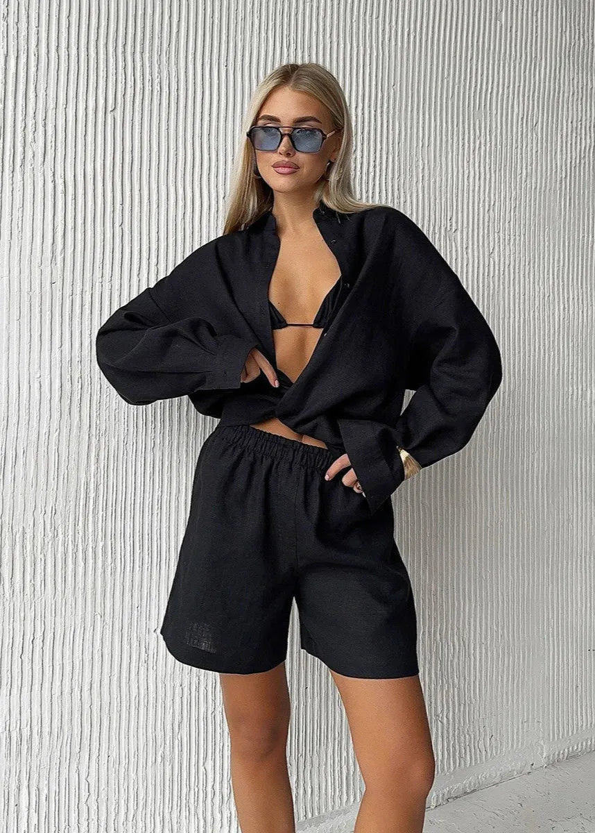 Camille Weißes Baumwollhemd- und Shorts-Set