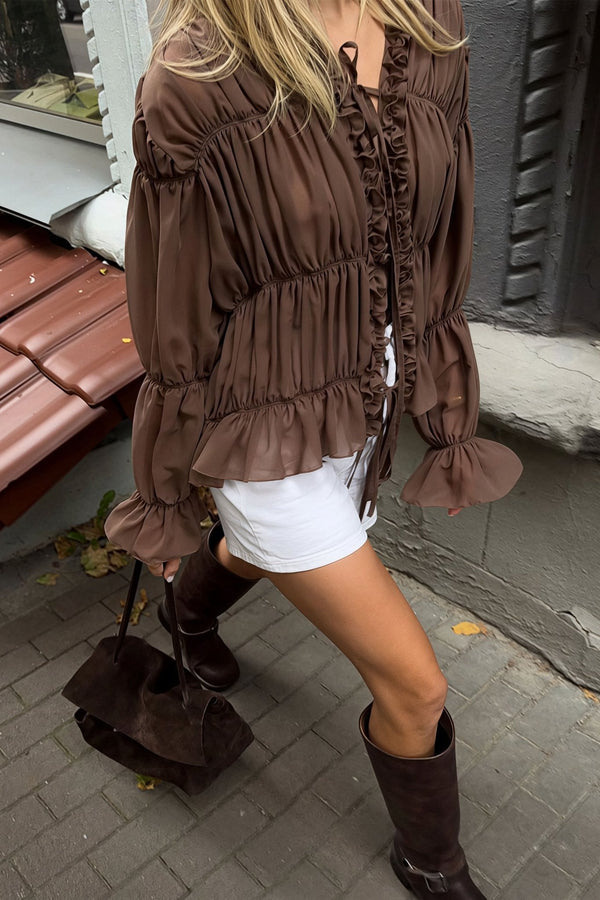 Carmen Bluse mit Raffungen, Rüschen und Bindeband