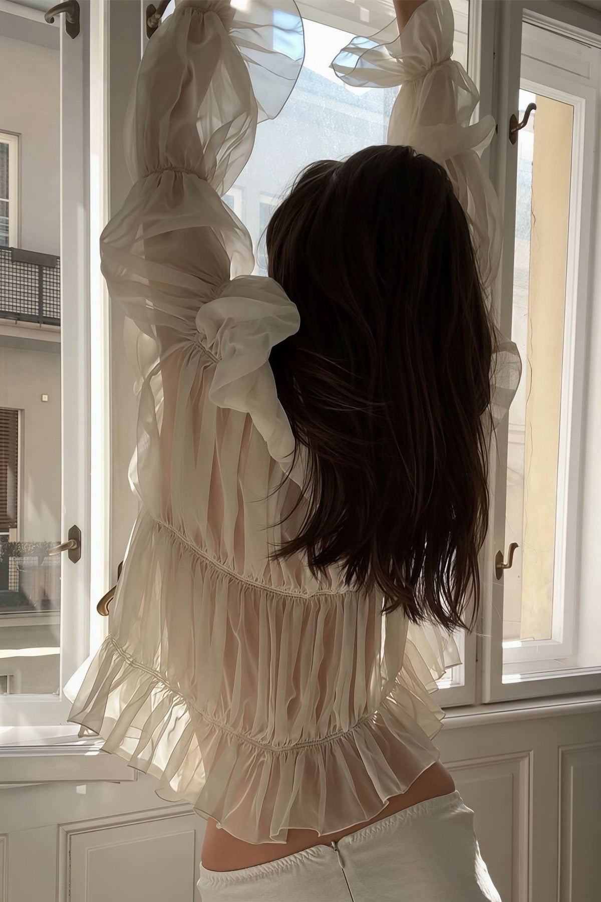 Carmen Bluse mit Raffungen, Rüschen und Bindeband