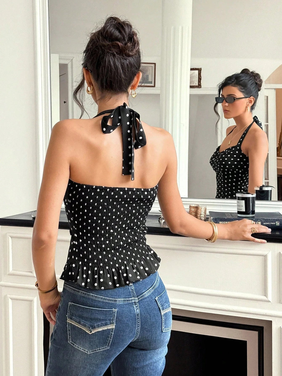 Caryl gepunktetes Neckholder-Crop-Top