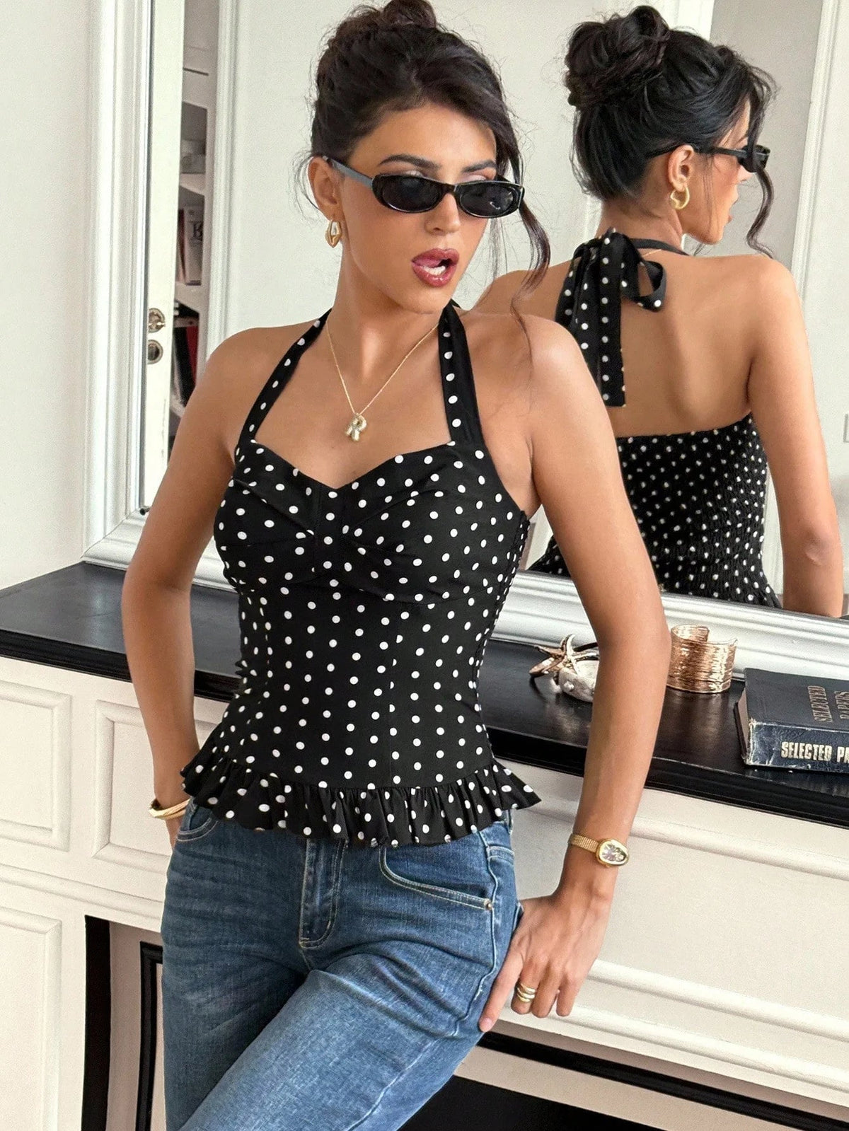 Caryl gepunktetes Neckholder-Crop-Top
