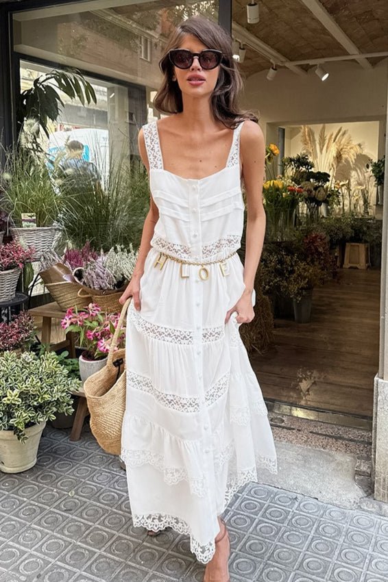 Celeste Boho-Maxikleid aus Spitze mit Patchwork und Volants