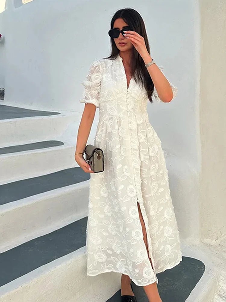 Celeste Embroidered Lace V-Neck Midi Dress