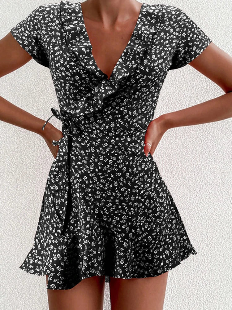 Celeste A-Linien-Minikleid mit Blumenmuster und V-Ausschnitt