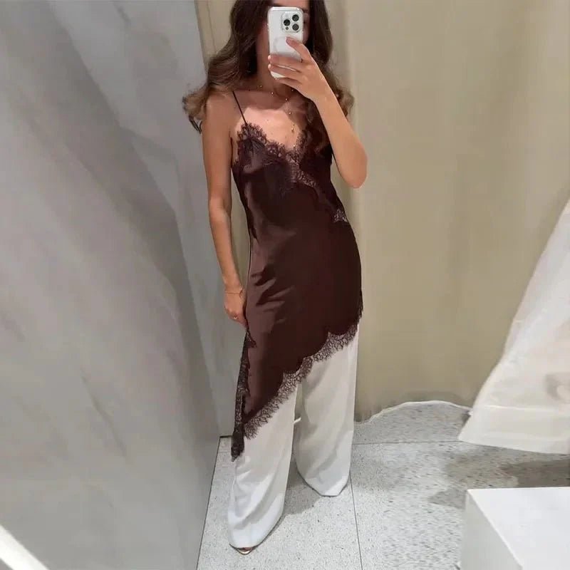 Asymmetrisches Satinkleid Chiara mit Spitze in Midi-Länge