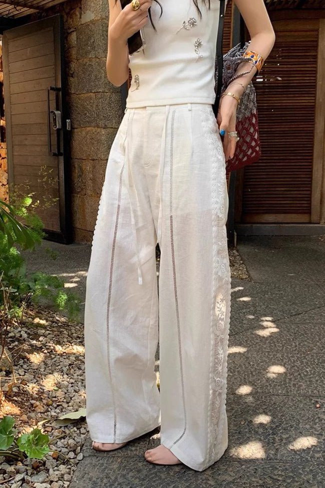 Clara Gerade Leinenhose mit Spitzeneinsätzen