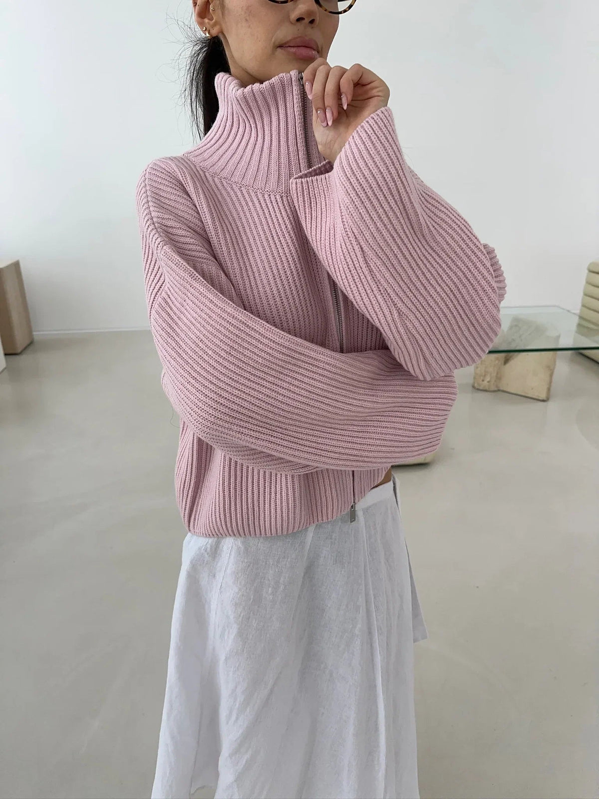 Daniela Oversize-Strickpullover mit Rippstrick und Reißverschluss