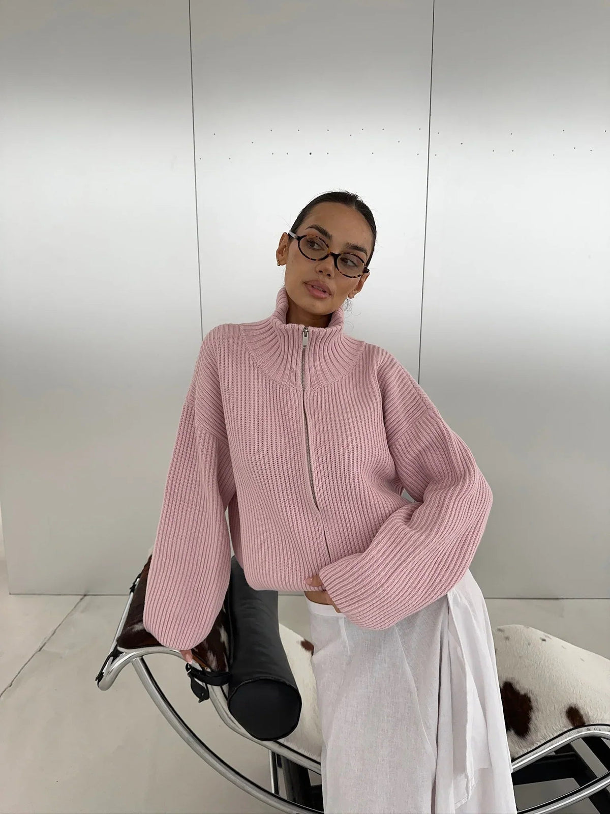 Daniela Oversize-Strickpullover mit Rippstrick und Reißverschluss