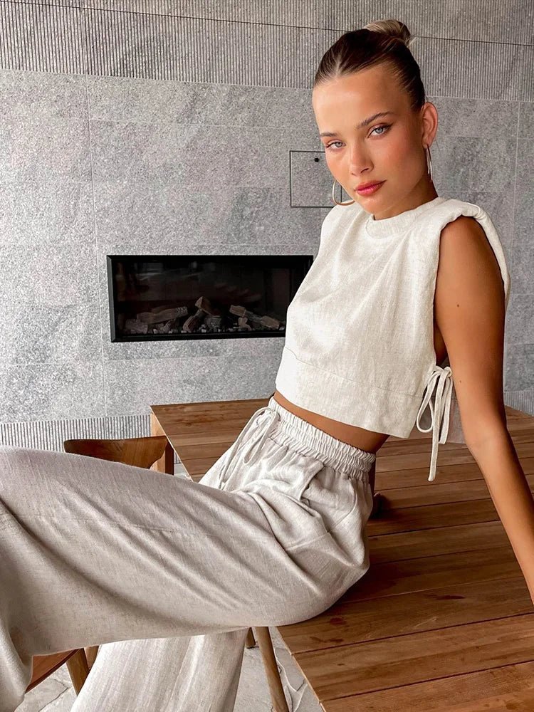 Delfina zweiteiliges Leinen-Set mit Crop-Top