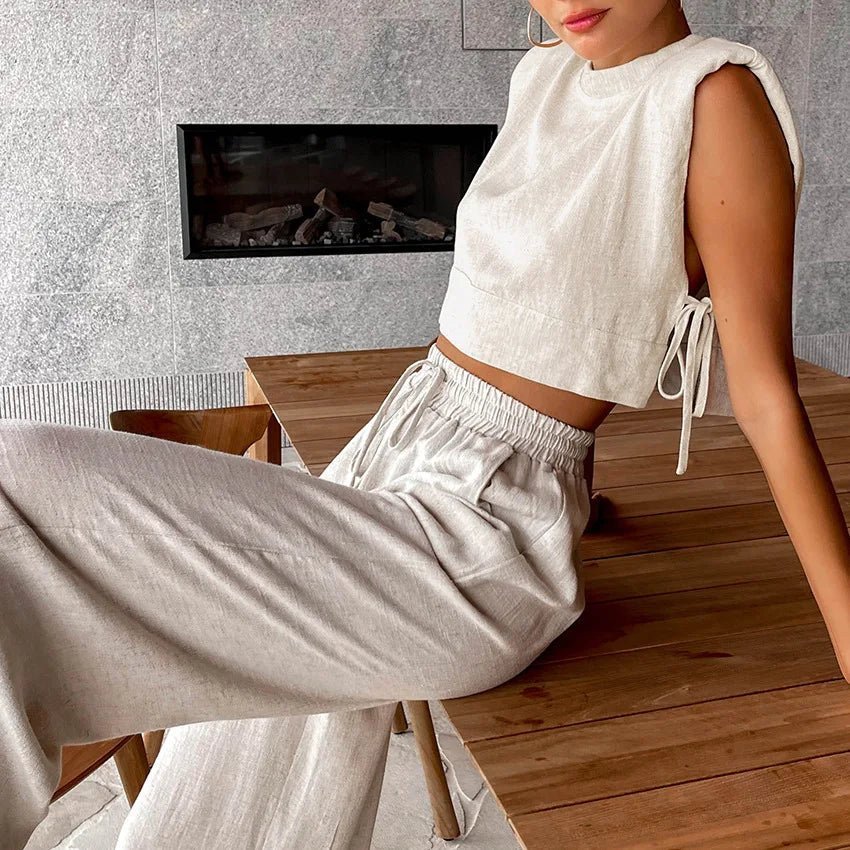 Delfina zweiteiliges Leinen-Set mit Crop-Top