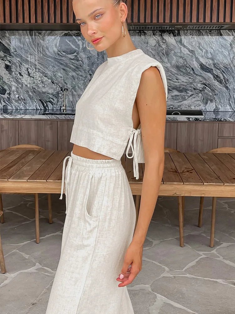 Delfina zweiteiliges Leinen-Set mit Crop-Top