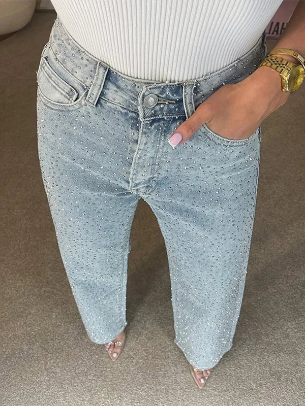 Eliana Wide Leg Denim Pants with Rhinestones