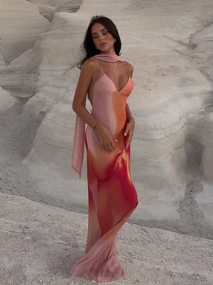 Emma ärmelloses Satins-Maxikleid mit Ombré-Effekt und freiem Rücken