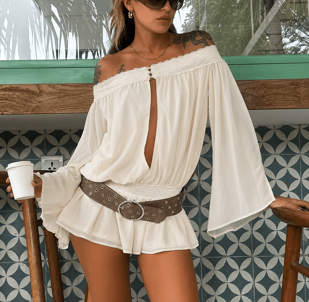 Franziska schulterfreier Chiffon-Jumpsuit