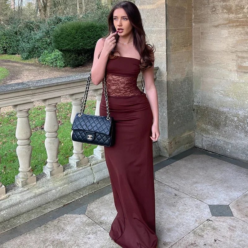 Georgette Maxikleid mit Spitze, Mesh und Taillenpartie
