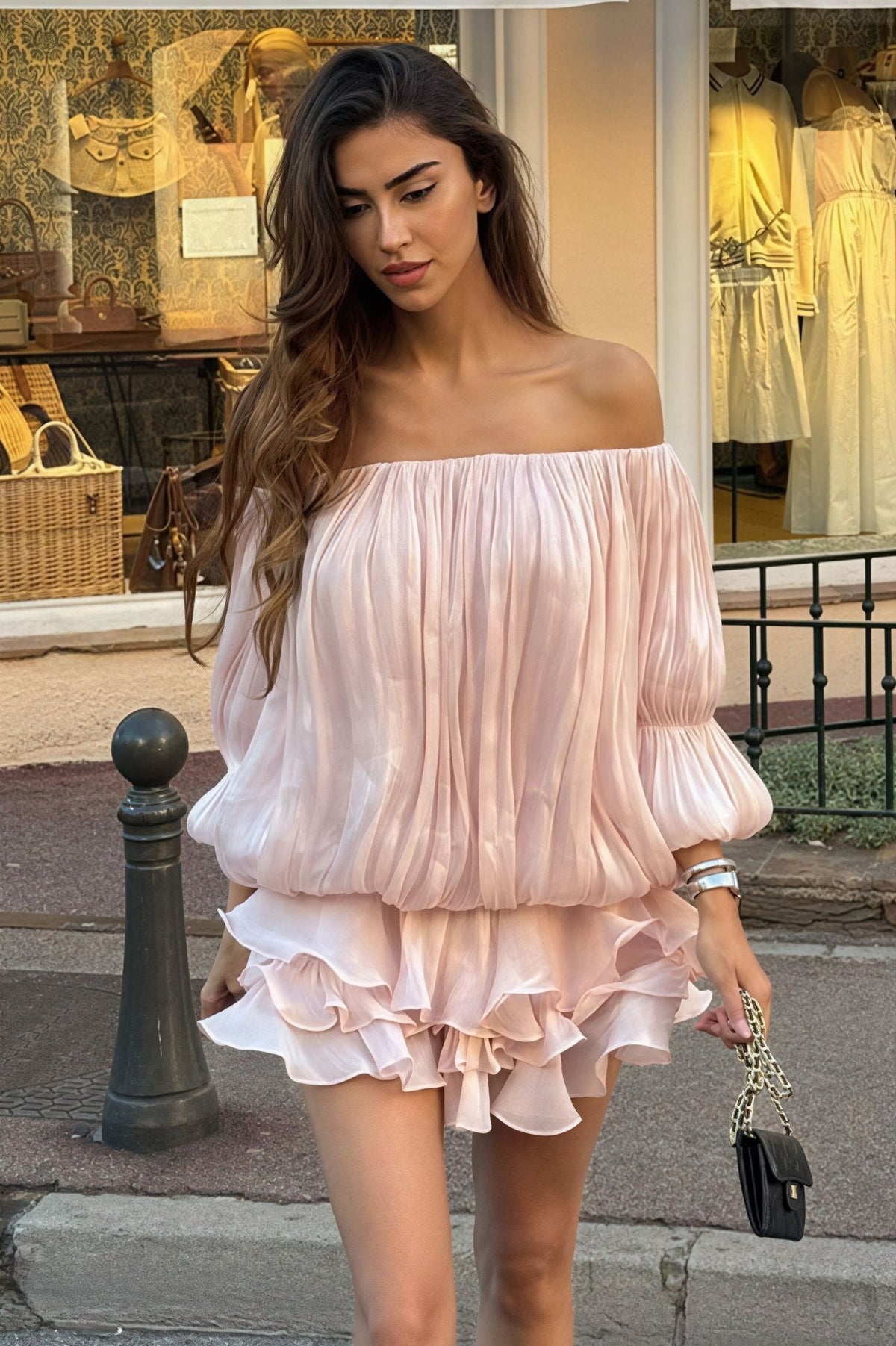 Greta schulterfreies, gestuftes Mini-Kleid mit Rüschen