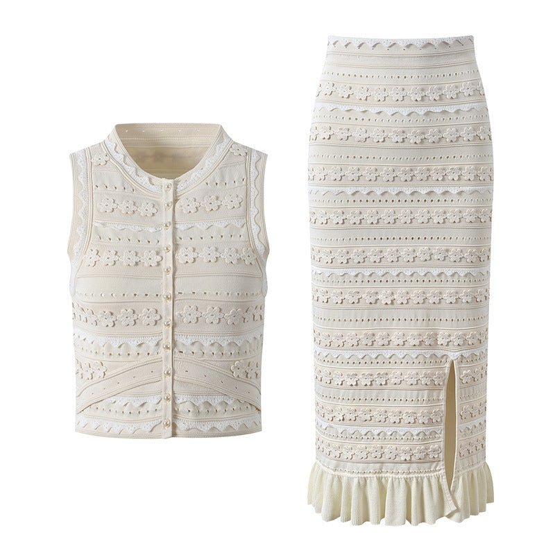 Isabella Set aus floralem Strick-Top und Midirock mit Volants