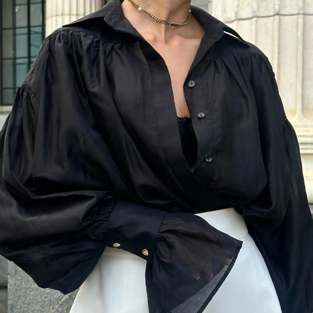 Isabella Oversized Ribbon-Tie Puff Sleeve Shirt