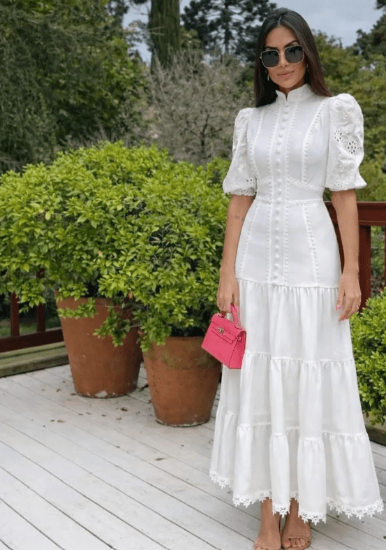 Isabelle Midi-Kleid aus Lochspitze mit Puffärmeln